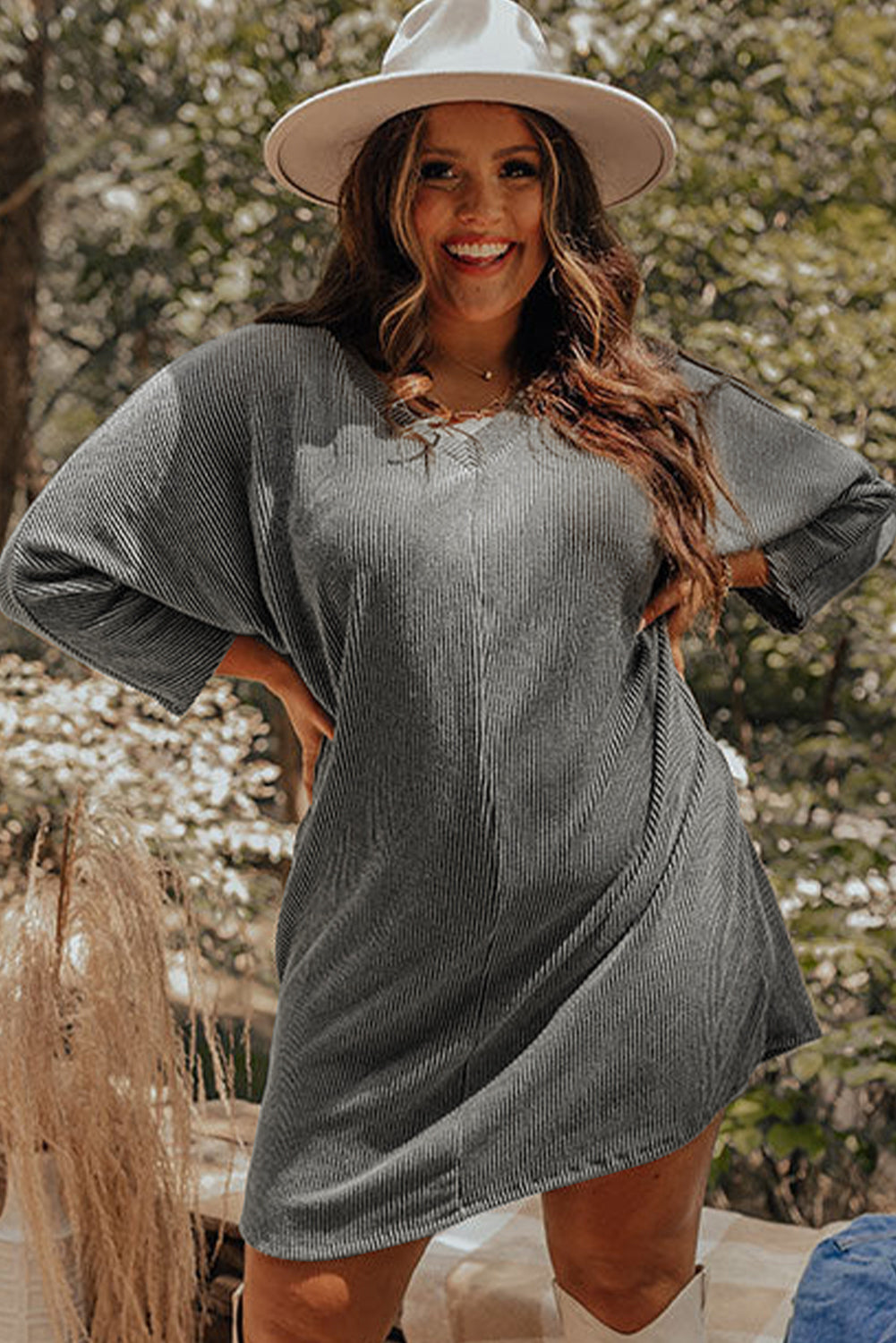 Philippine Gray  Plus Size Corded V Neck Shift Dress