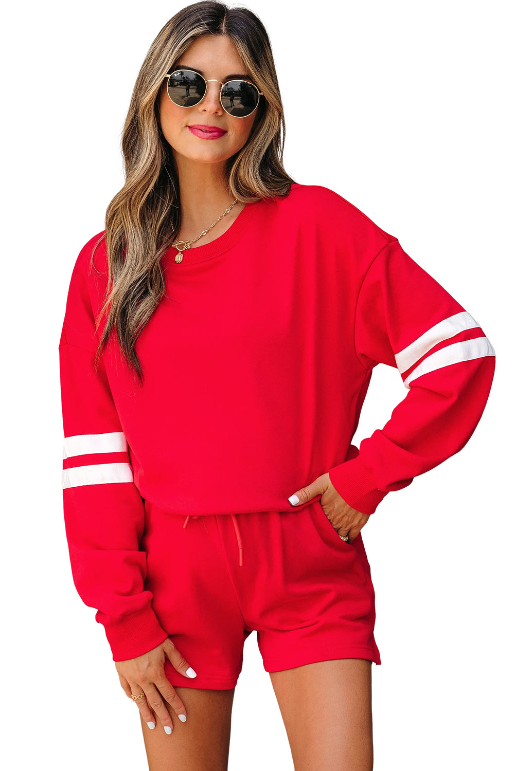 Fiery Red Varsity Striped Sleeve Drop Shoulder Sweatshirt and Short Set